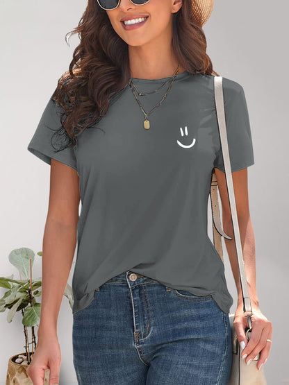 Smile Graphic Round Neck Short Sleeve T-Shirt-Jewearrings