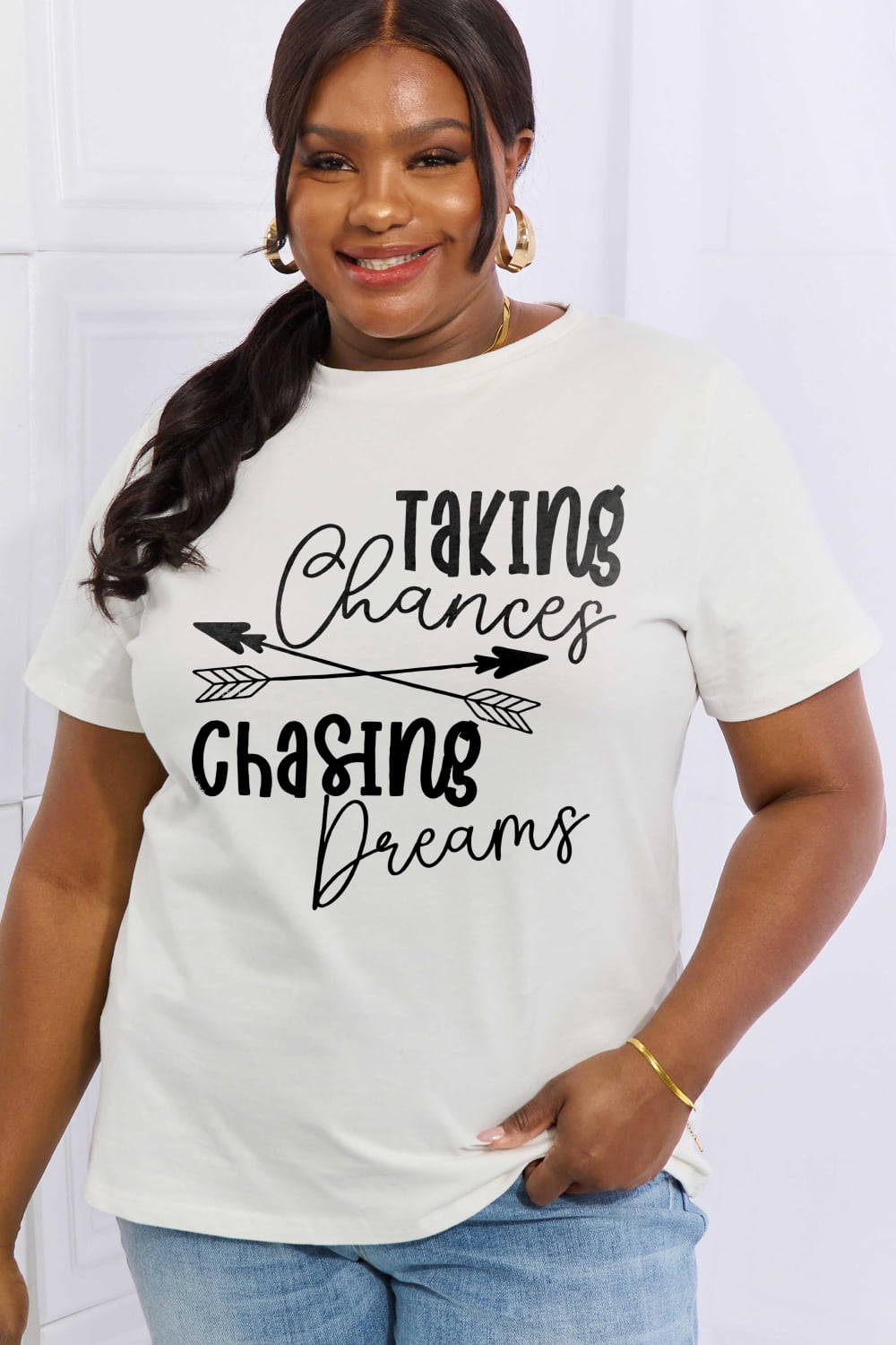 Simply Love Full Size TAKING CHANCES CHASING DREAMS Graphic Cotton Tee-Jewearrings