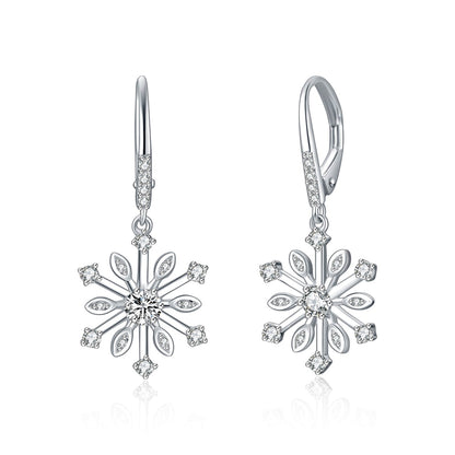 Sterling Silver Zirconia Snowflake Leverback Dangle Drop Earrings Jewelry-Jewearrings