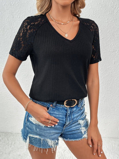 Lace Detail V-Neck Short Sleeve T-Shirt-Jewearrings