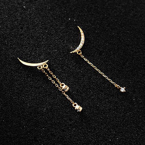 S925 Silver Moon Tassel With Diamonds Korean Asymmetric Earrings-Jewearrings