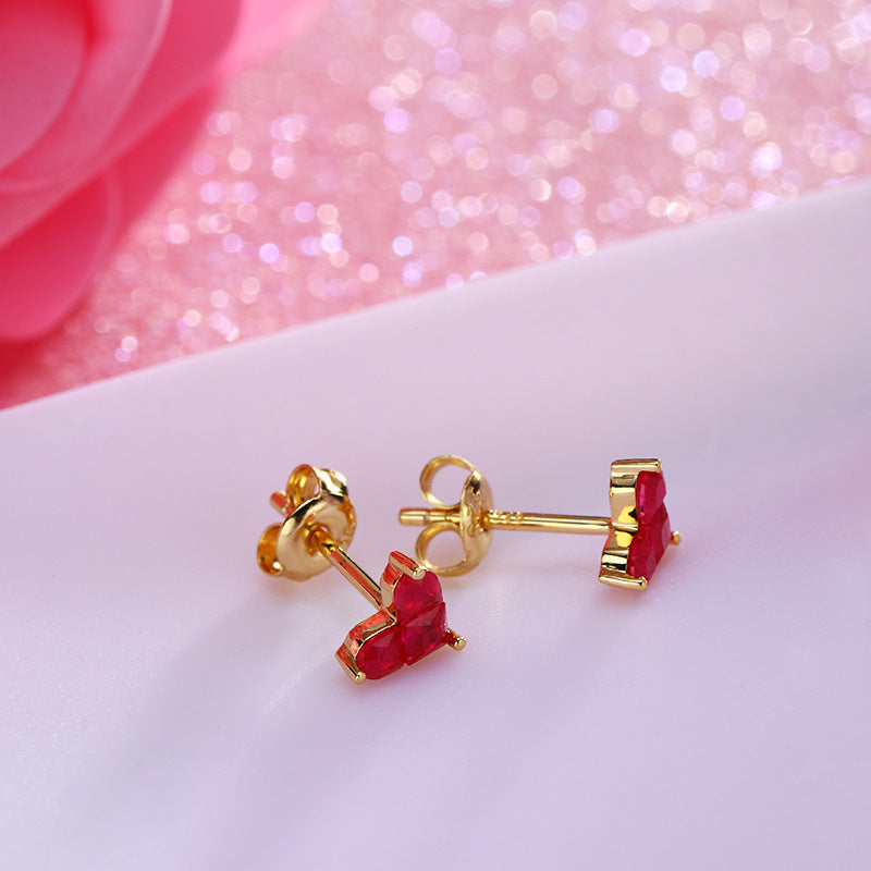 Women's Sterling Silver Gold Plated Red Corundum Stitching Heart Stud Earrings-Jewearrings