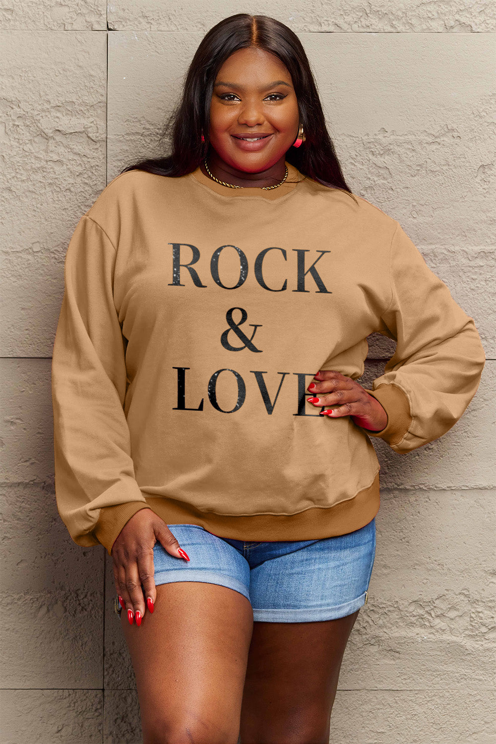 Simply Love Full Size ROCK ＆ LOVE Round Neck Sweatshirt-Jewearrings