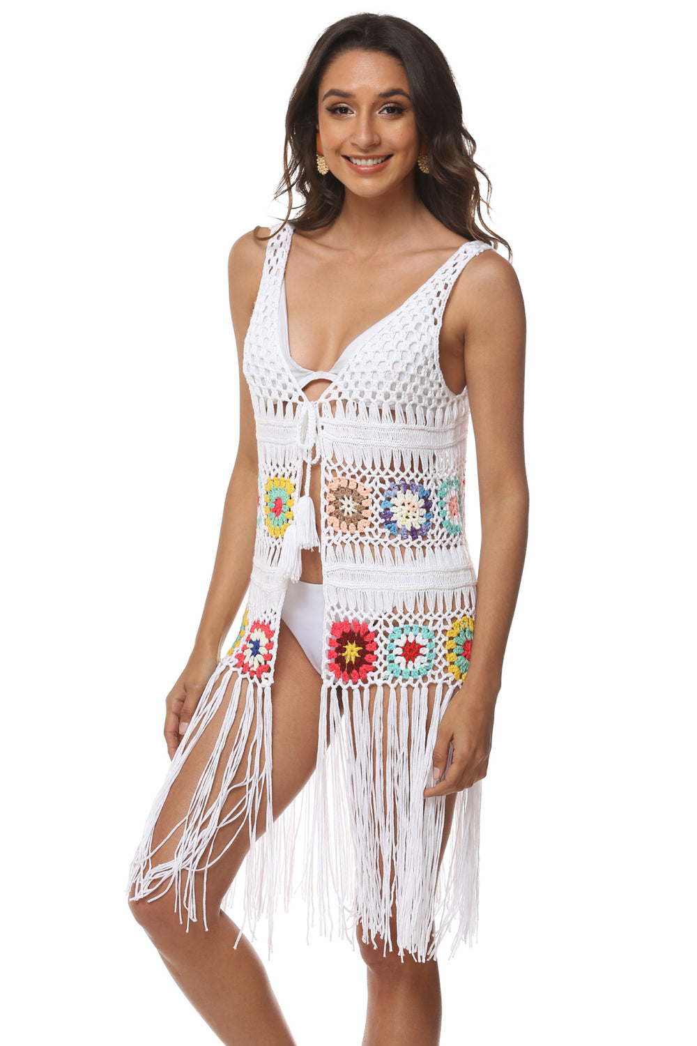 Openwork Fringe Detail Embroidery Sleeveless Cover-Up-Jewearrings