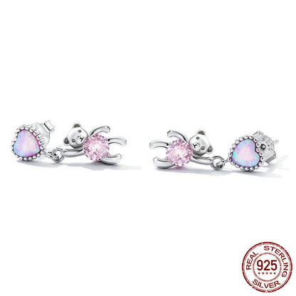 S925 Sterling Silver Zircon Love Bear Stud Earrings-Jewearrings