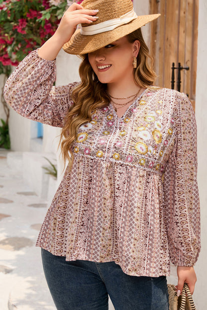 Plus Size V-Neck Printed Long Sleeve Blouse-Jewearrings