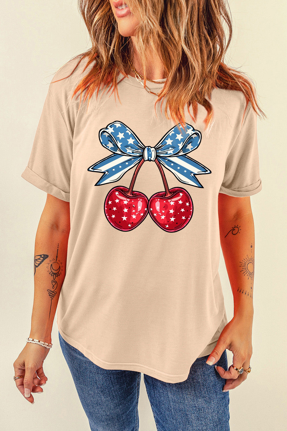 Cherry Graphic Round Neck Short Sleeve T-Shirt-Jewearrings