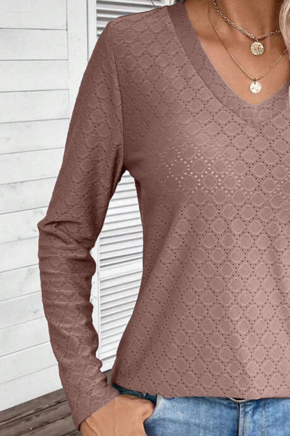 Eyelet V-Neck Long Sleeve T-Shirt-Jewearrings