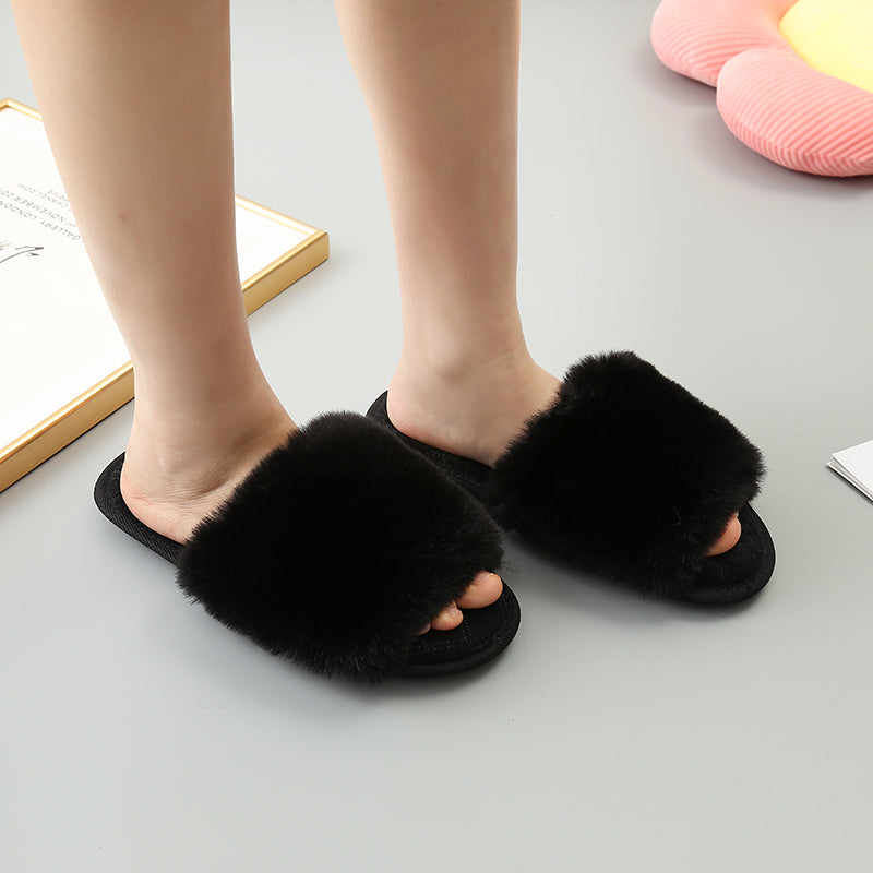 Faux Fur Open Toe Slippers-Jewearrings