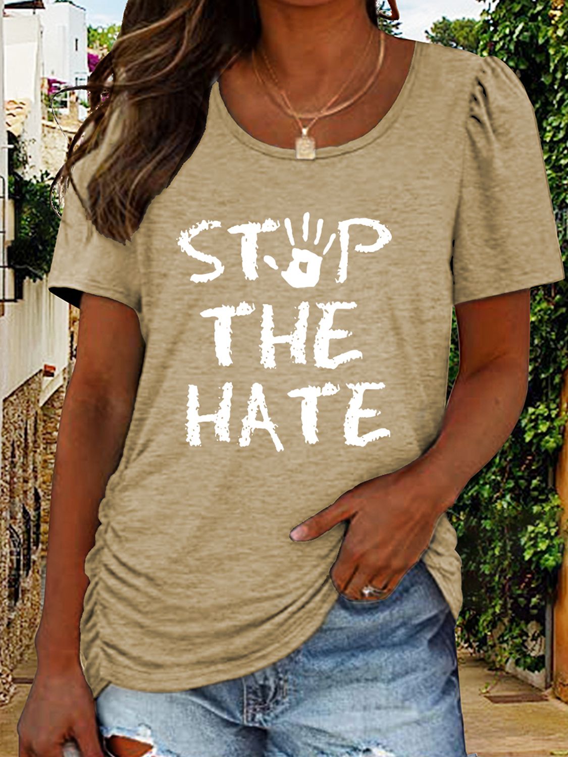 Round Neck Short Sleeve STOP THE HATE Graphic T-Shirt-Jewearrings