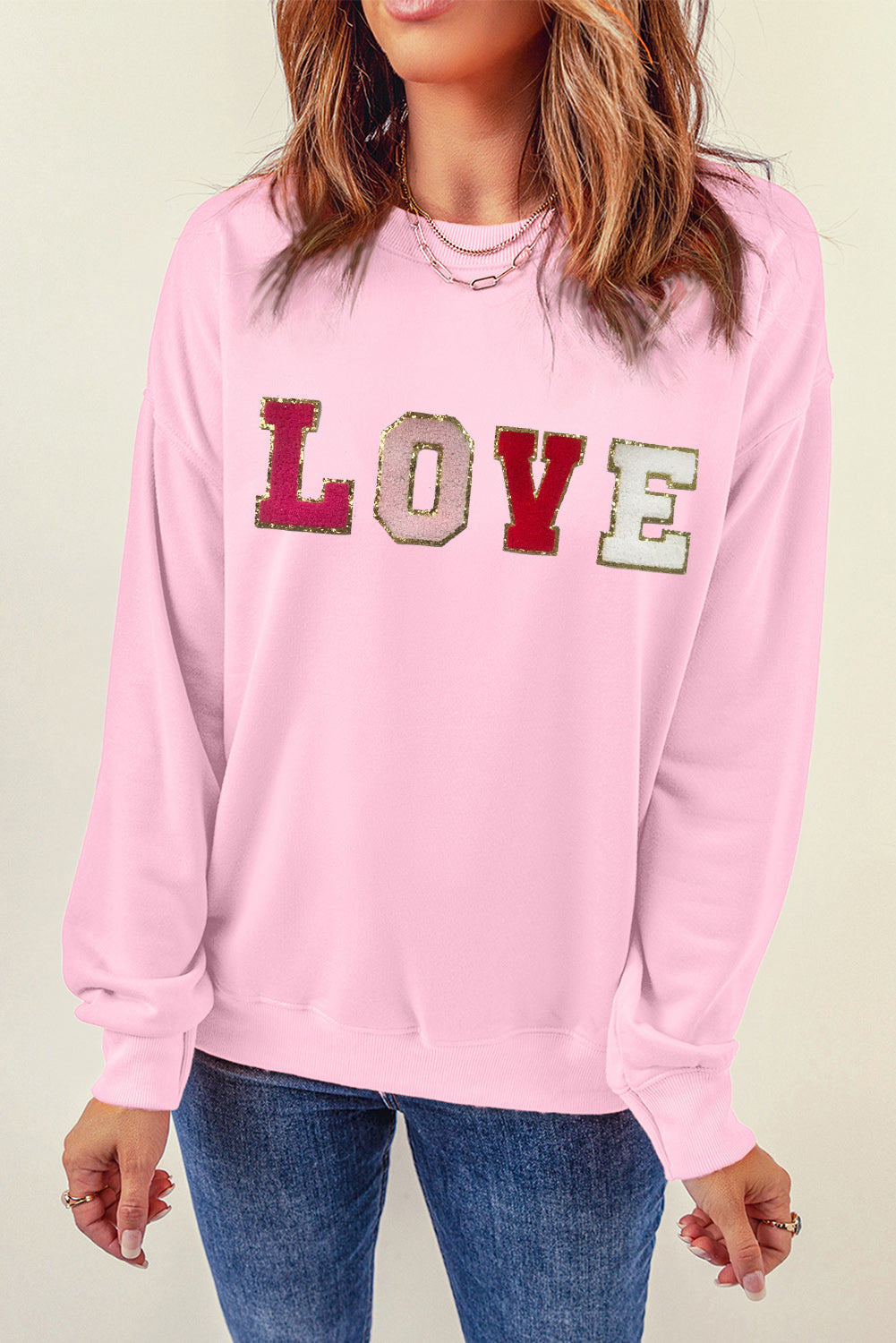 LOVE Patch Round Neck Dropped Shoulder Sweatshirt-Jewearrings