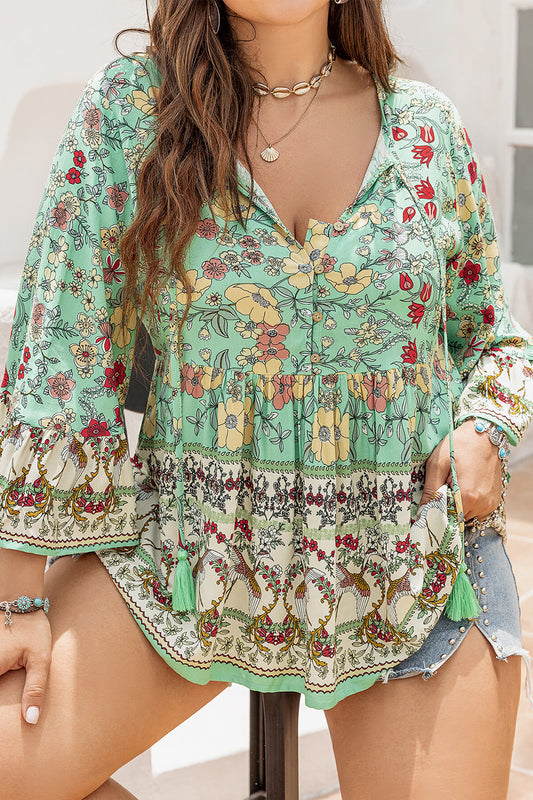 Plus Size Floral Tassel Tie Blouse-Jewearrings