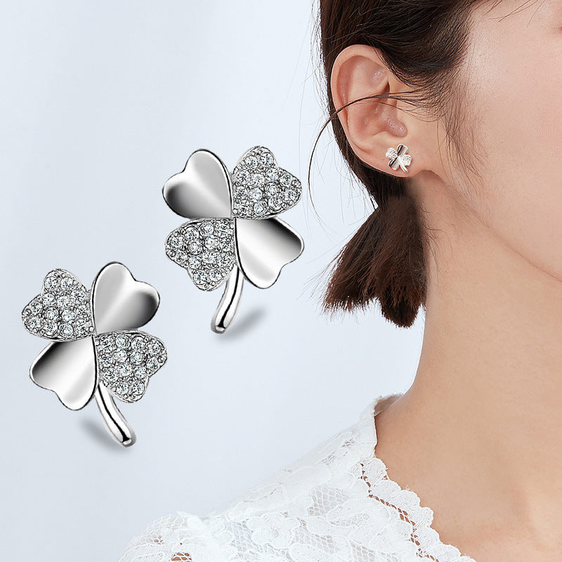 Personalized Lucky Clover Love Silver-Plated Stud Earrings-Jewearrings