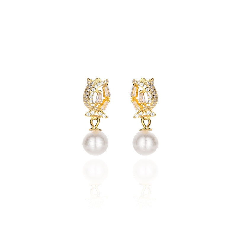 Women's Fashion Tulip Pearl Stud Earrings-Jewearrings