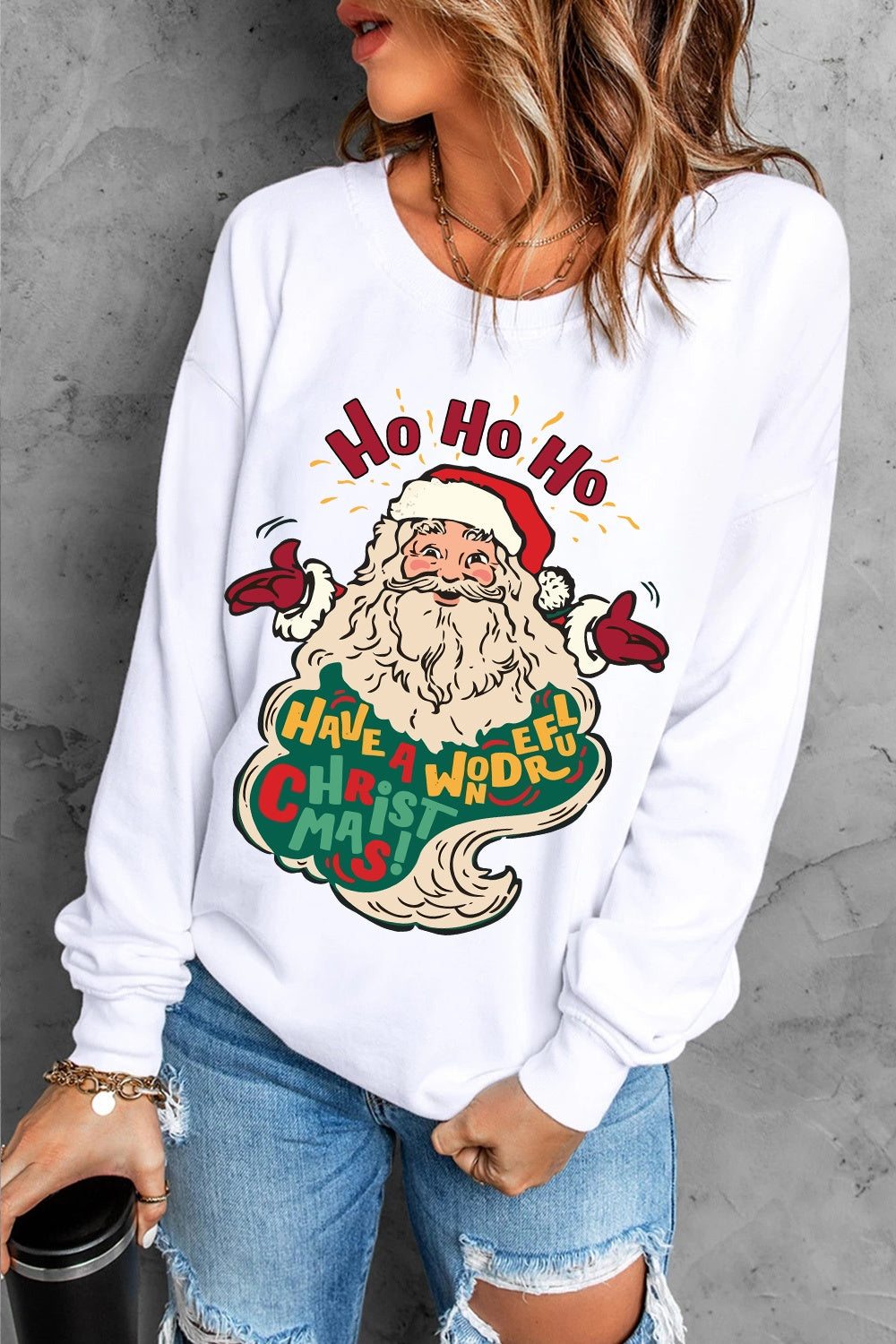 Santa Graphic Round Neck Long Sleeve Sweatshirt-Jewearrings