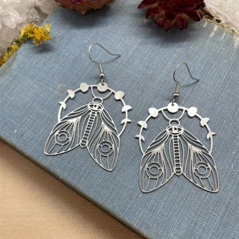 Hollow Cicada Drop Earrings Moon Phase Moth Dangle Stainless Steel Earrings For Women-Jewearrings