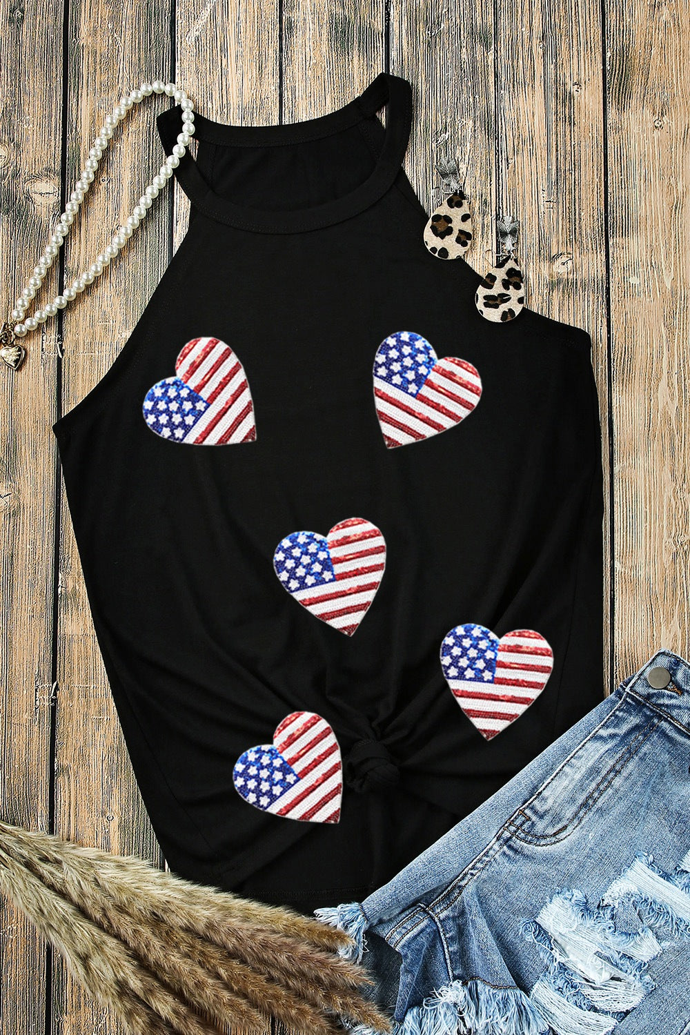 Heart US Flag Round Neck Grecian Neck Tank-Jewearrings