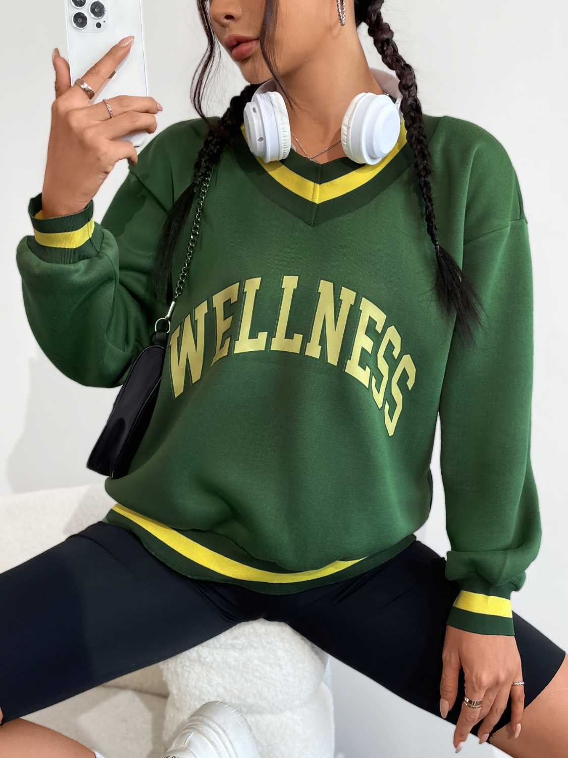 WELLNESS Graphic V-Neck Sweatshirt-Jewearrings