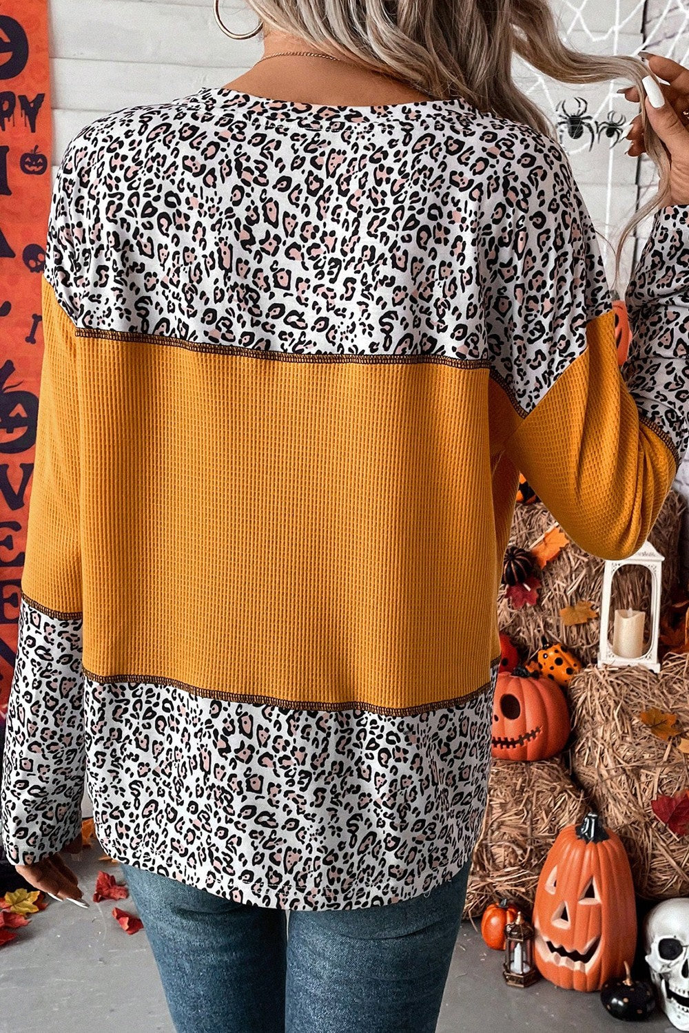 Leopard Waffle-knit Long Sleeve T-Shirt-Jewearrings