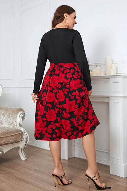 Plus Size Floral Surplice Neck Long Sleeve Dress-Jewearrings