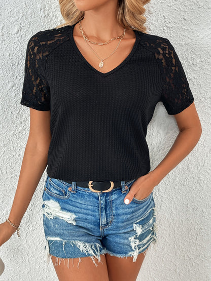 Lace Detail V-Neck Short Sleeve T-Shirt-Jewearrings