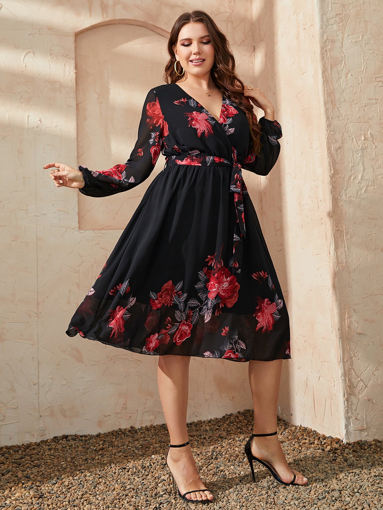 Plus Size Floral Surplice Neck Tie Waist Dress-Jewearrings