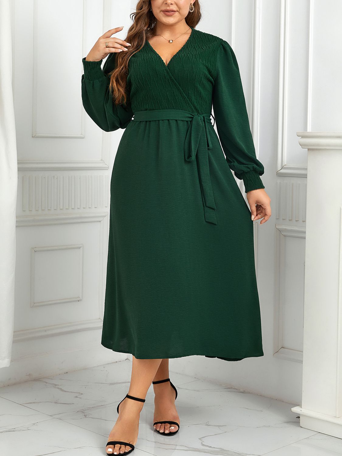 Plus Size Surplice Neck Tie Waist Long Sleeve Midi Dress-Jewearrings