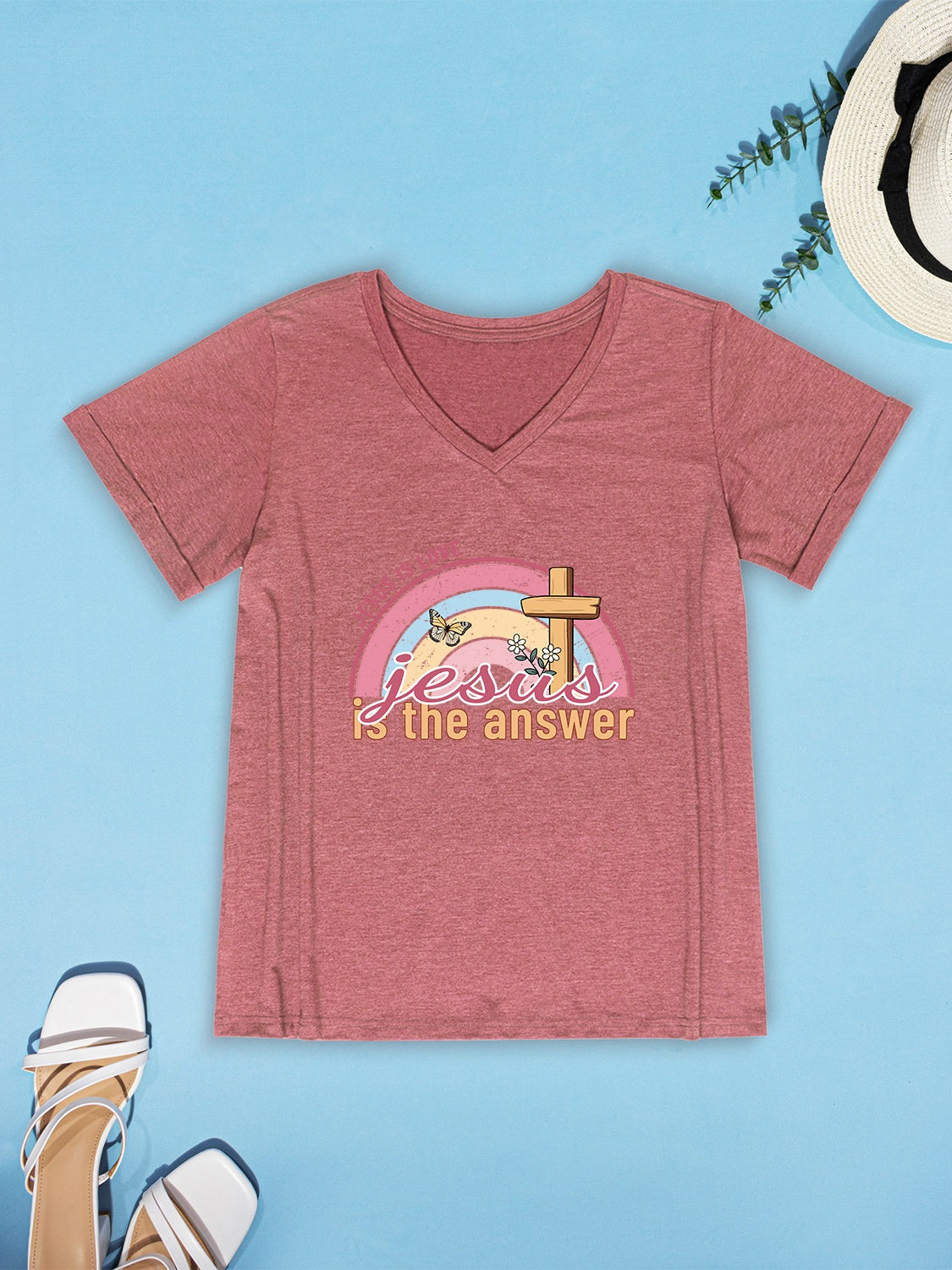 JESUS IS THE ANSWER V-Neck Short Sleeve T-Shirt-Jewearrings