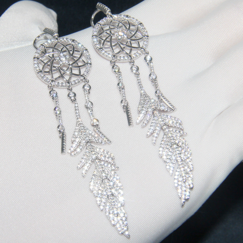 Sterling Silver Earrings Set With Diamonds To Catch Dream Net Feathers-Jewearrings