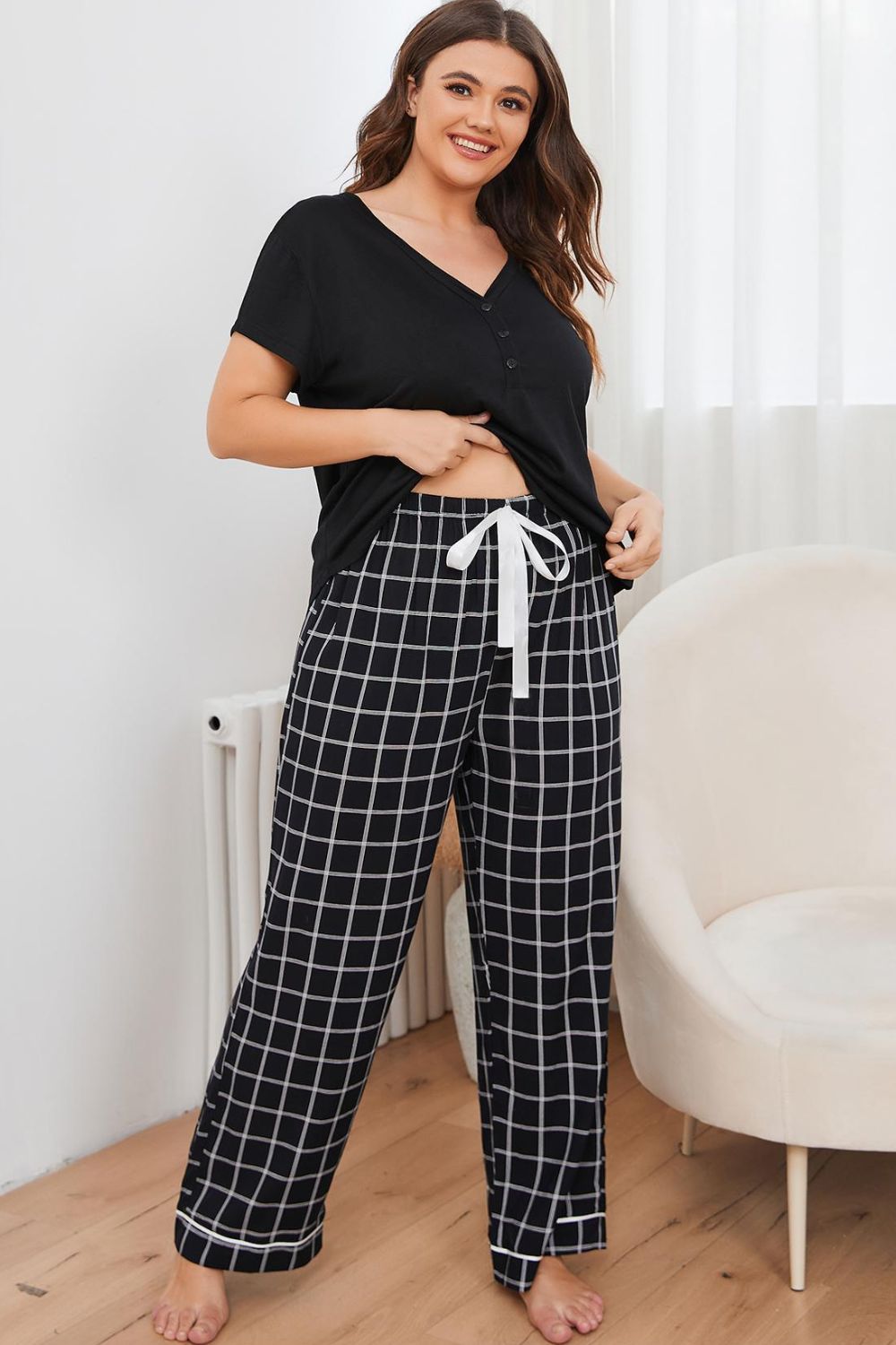 Plus Size V-Neck Top and Plaid Pants Lounge Set-Jewearrings