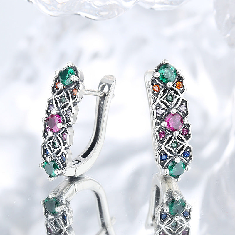 S925 Sterling Silver Vintage Trend Colorful Zircon Earrings-Jewearrings