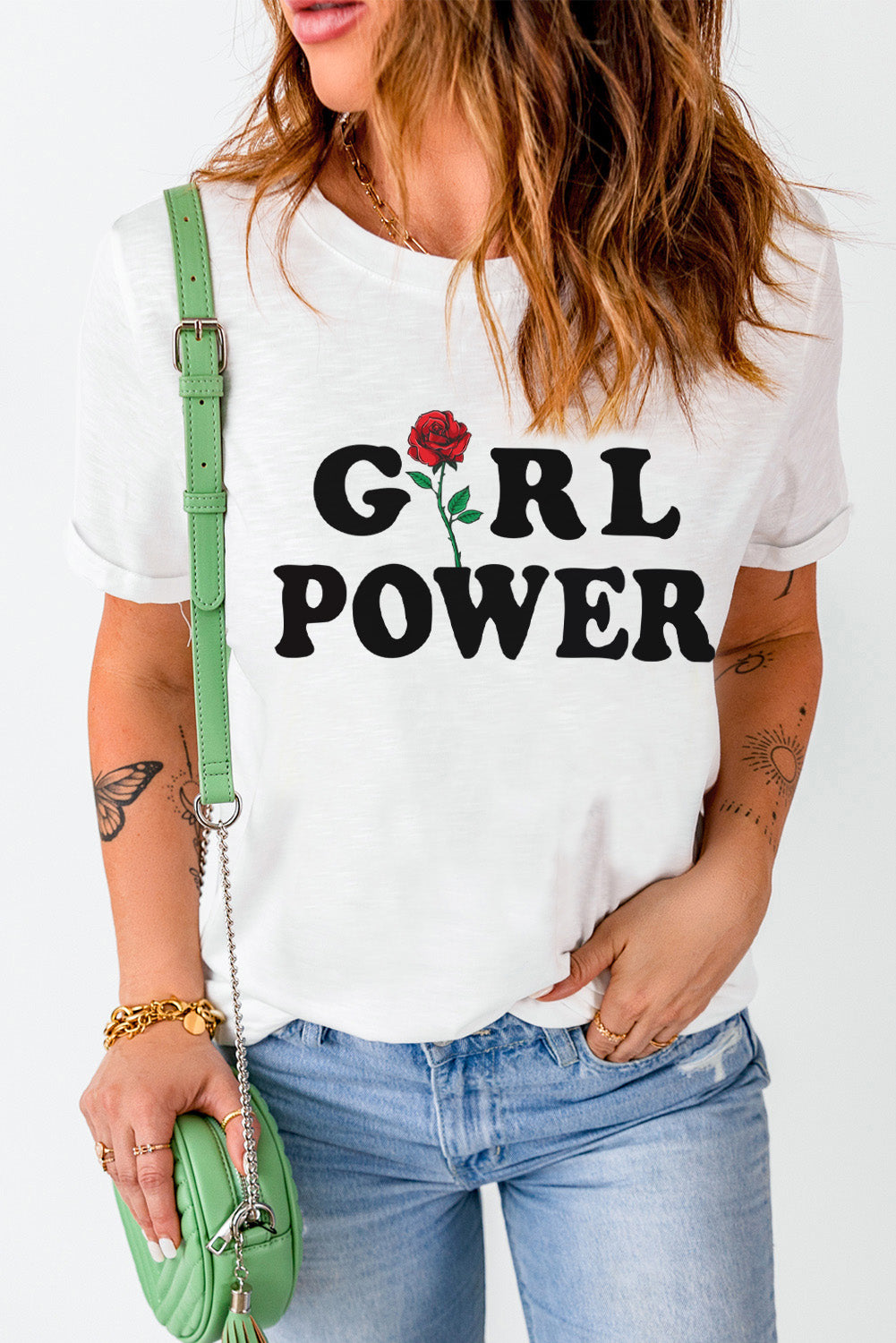 GIRL POWER Rose Graphic Tee Shirt-Jewearrings