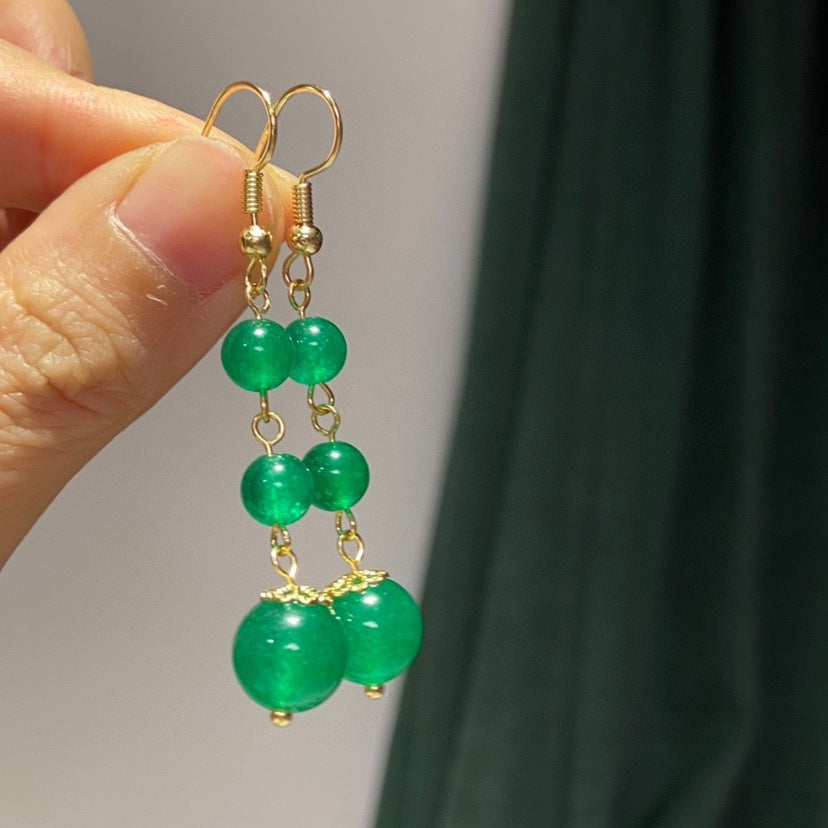 New Exquisite Simple Emerald Beads Long Tassel Earrings-Jewearrings