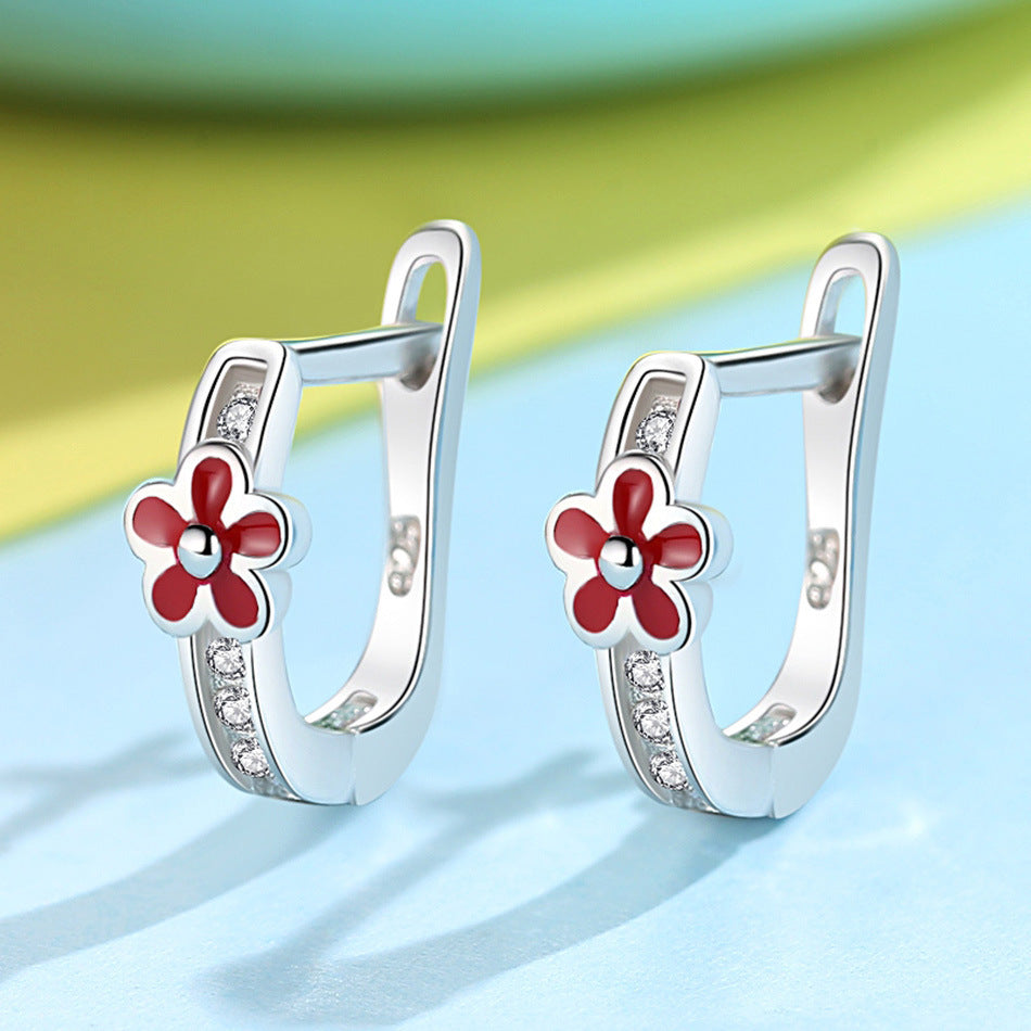 S925 Sterling Silver Drop Oil Red Flower Earrings For Children-Jewearrings