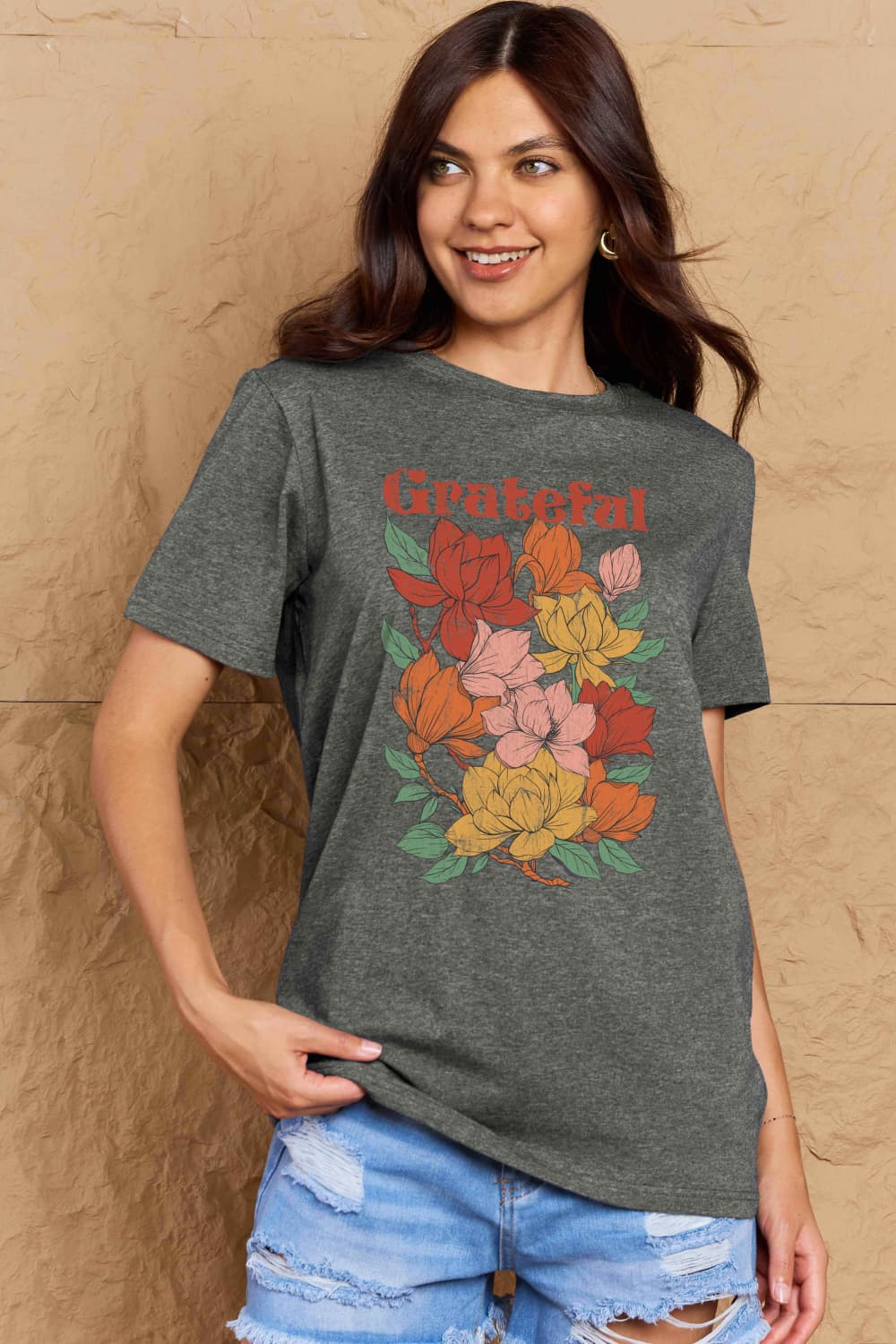 Simply Love Full Size GRATEFUL Flower Graphic Cotton T-Shirt-Jewearrings