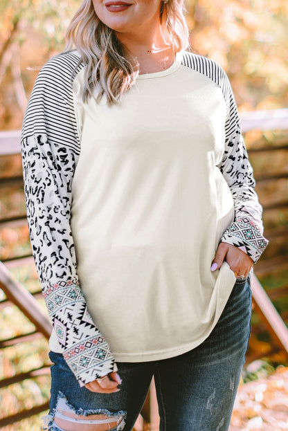 Plus Size Mixed Print Raglan Sleeve Round Neck Top-Jewearrings