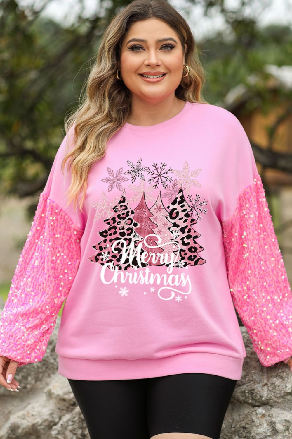 Plus Size MERRY CHRISTMAS Sequin Long Sleeve Sweatshirt-Jewearrings