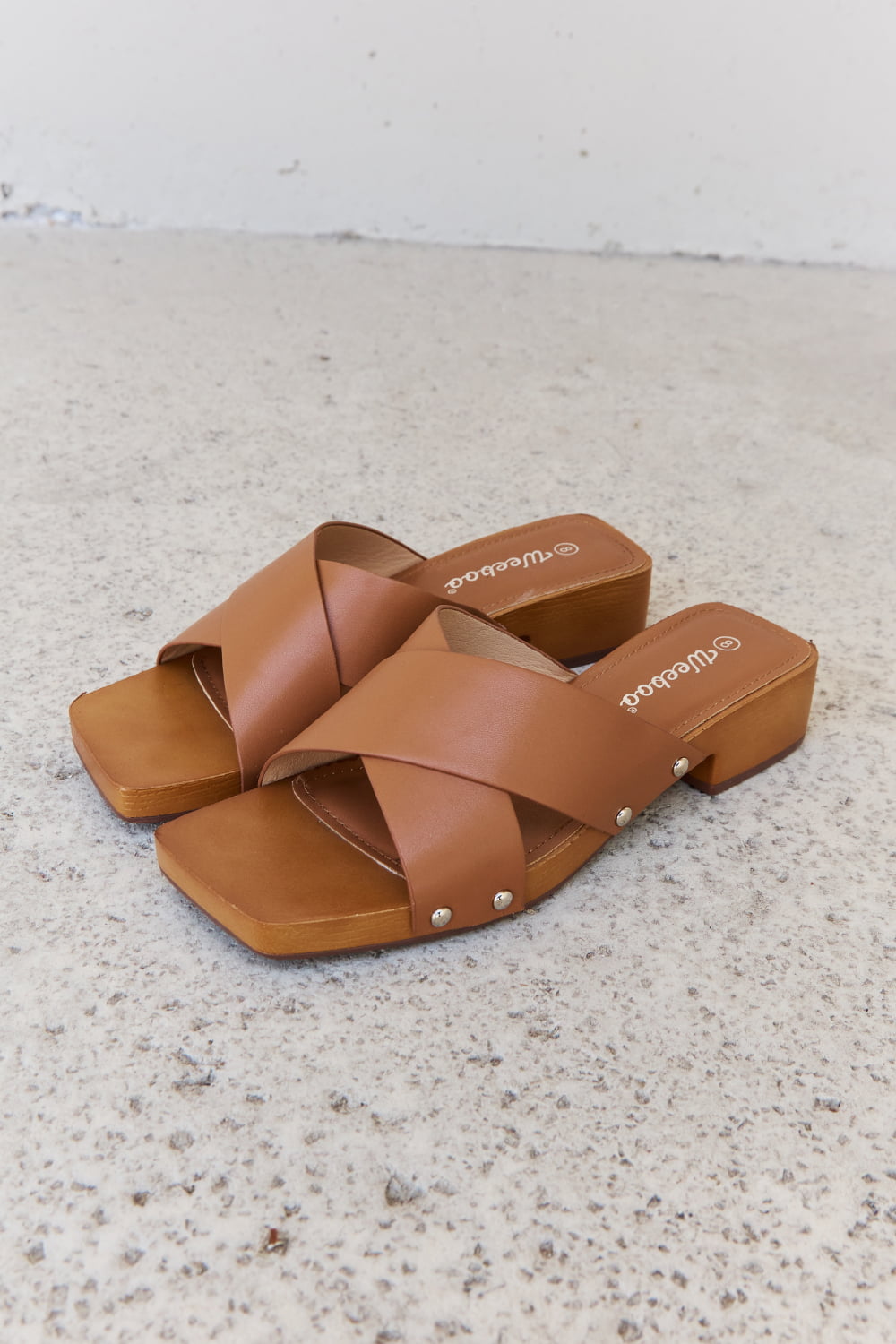 Weeboo Step Into Summer Criss Cross Wooden Clog Mule in Brown-Jewearrings