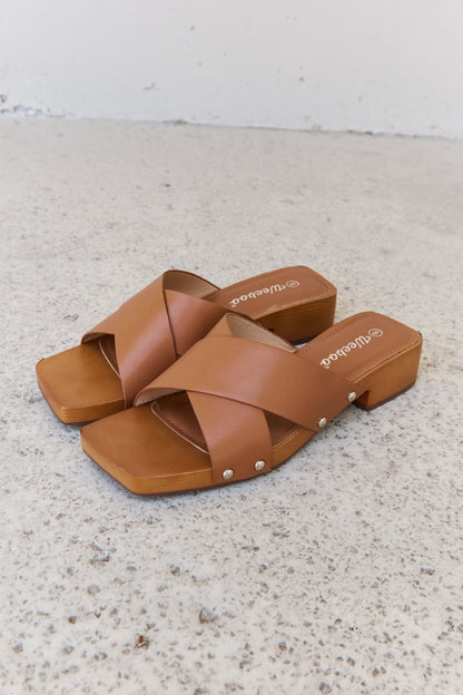 Weeboo Step Into Summer Criss Cross Wooden Clog Mule in Brown-Jewearrings