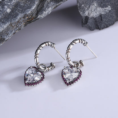 Sterling Silver Peach Heart Set Zircon Personalized Versatile Earrings-Jewearrings