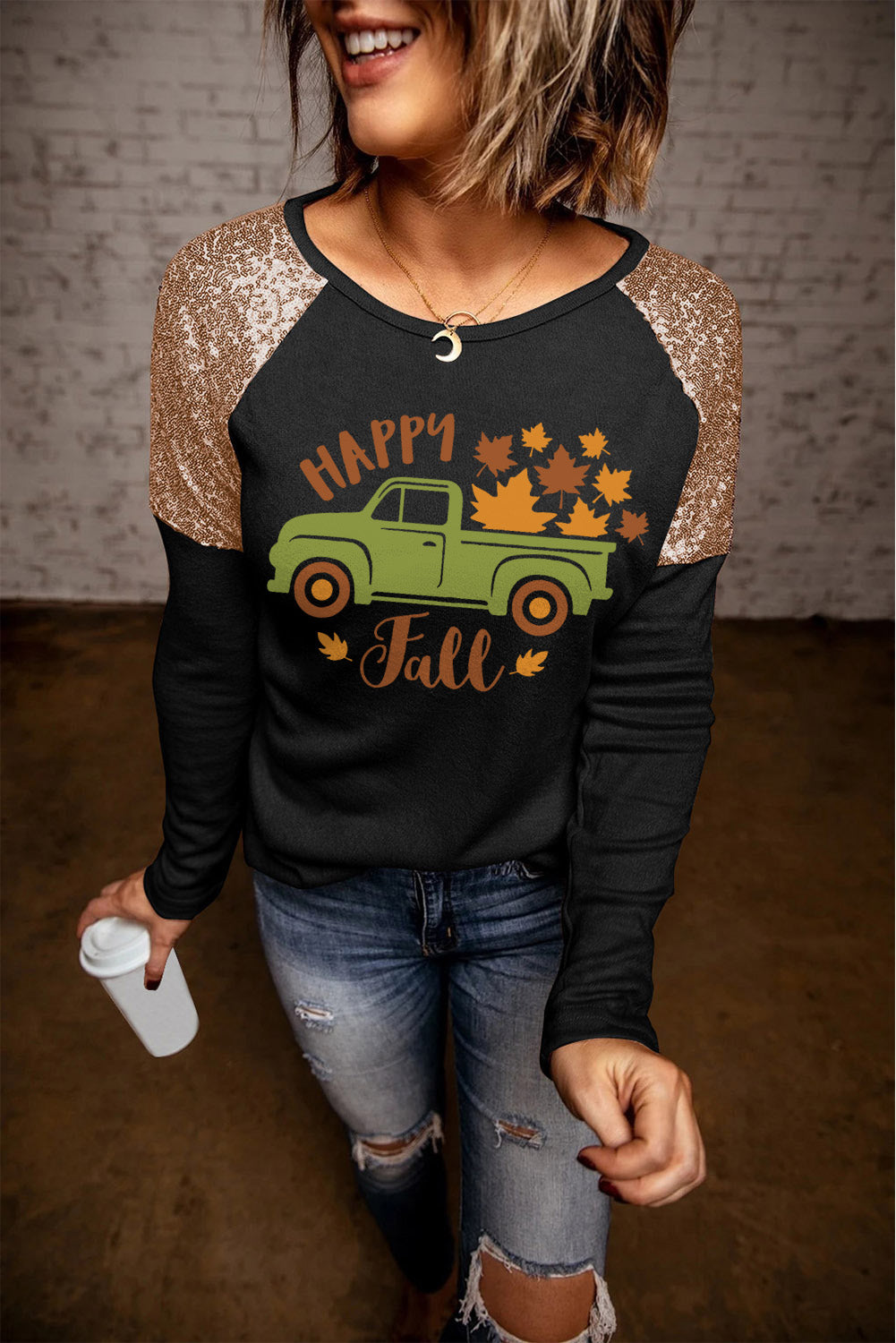 HAPPY FALL Graphic Sequin T-Shirt-Jewearrings