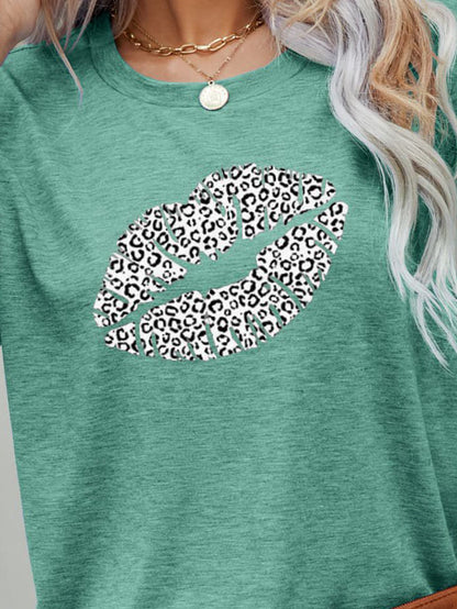 Leopard Lip Graphic Round Neck Tee-Jewearrings