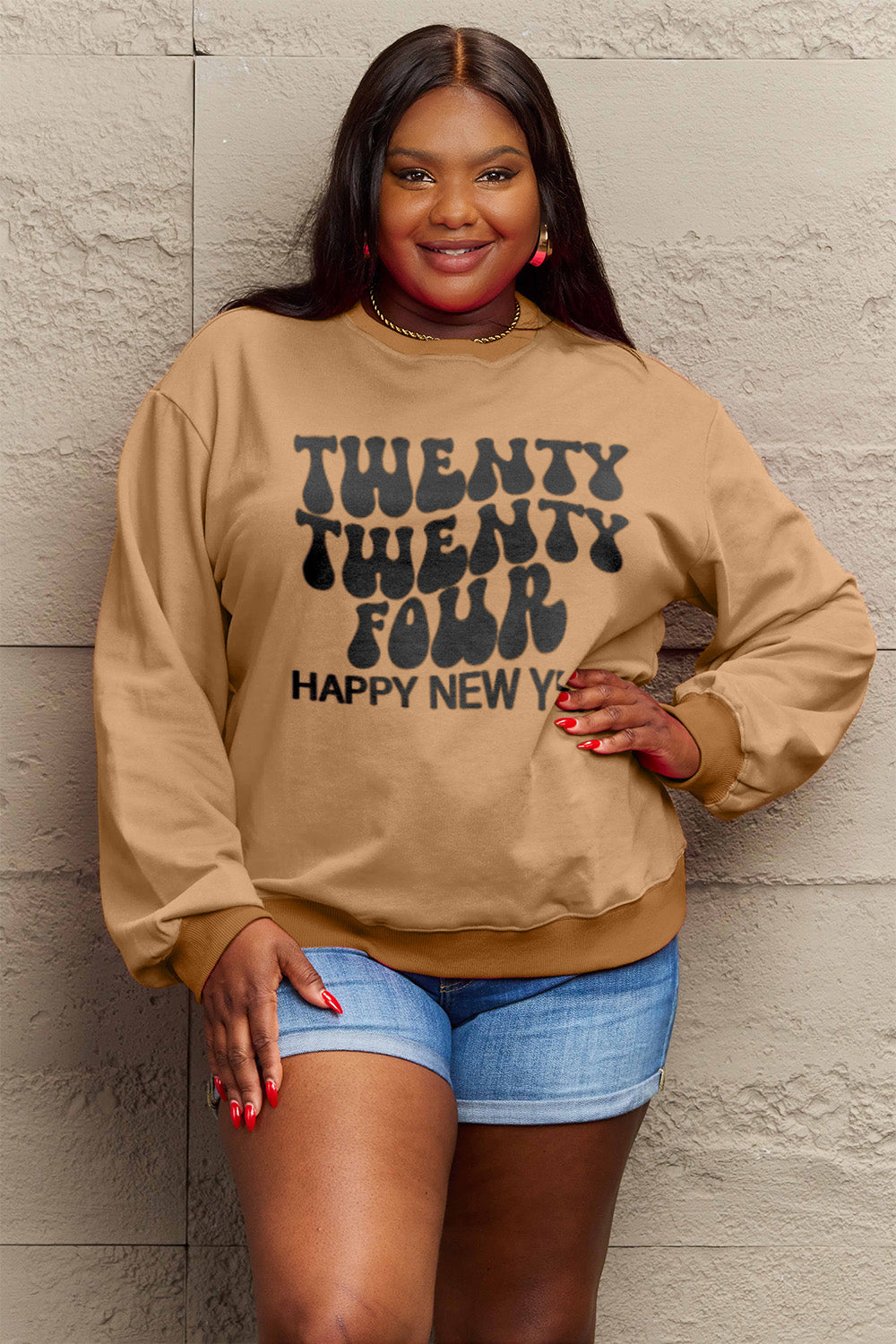 Simply Love Full Size TWENTY TWENTY FOUR HAPPY NEW YEAR Dropped Shoulder Sweatshirt-Jewearrings