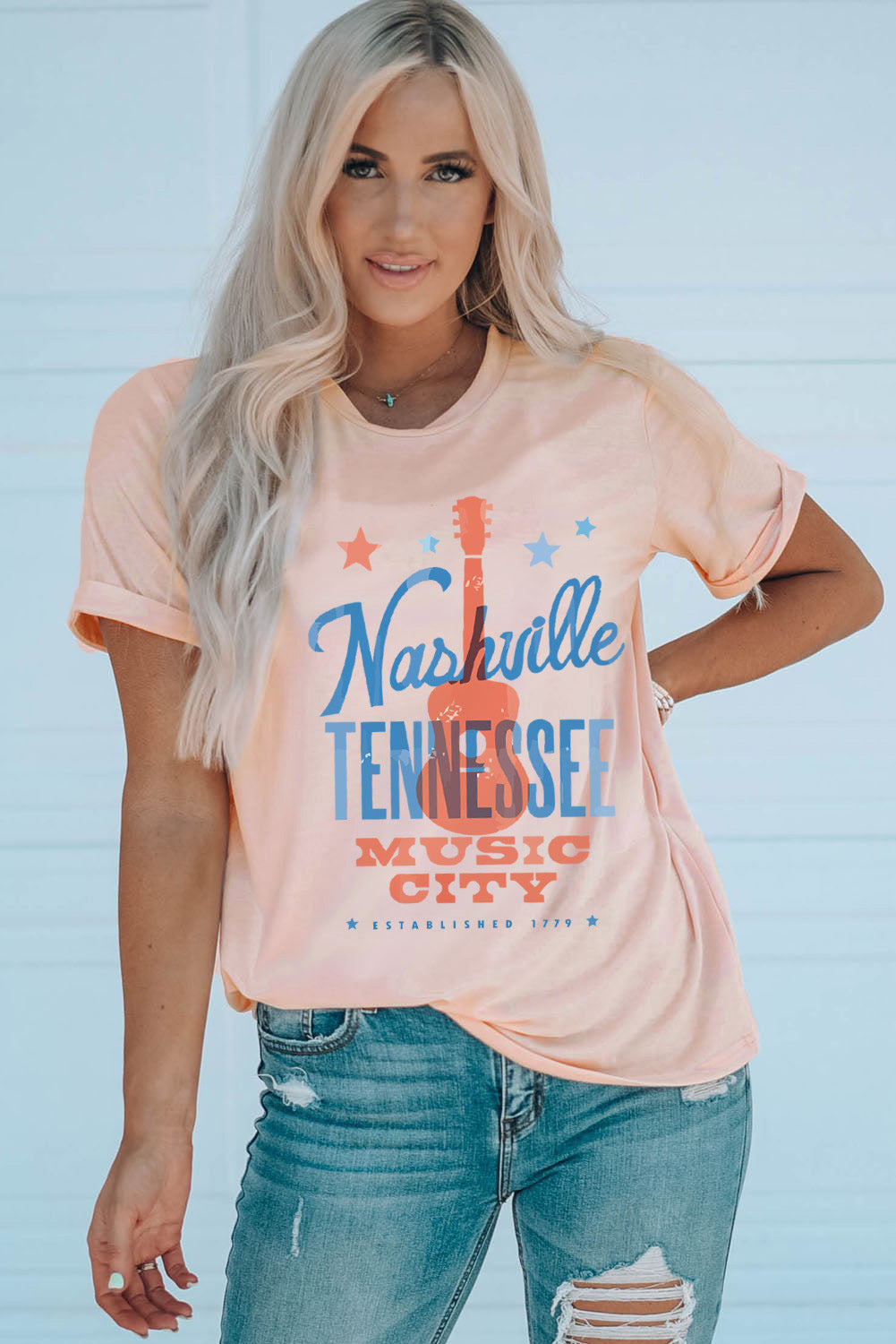 NASHVILLE TENNESSEE MUSIC CITY Cuffed Short Sleeve Tee-Jewearrings