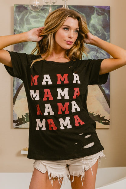 BiBi MAMA Graphic Distressed Short Sleeve T-Shirt-Jewearrings