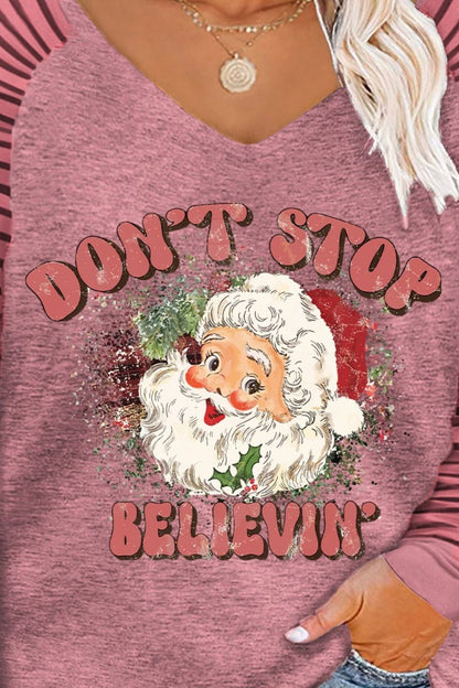 Plus Size DON'T STOP BELIEVIN Striped Long Sleeve T-Shirt-Jewearrings