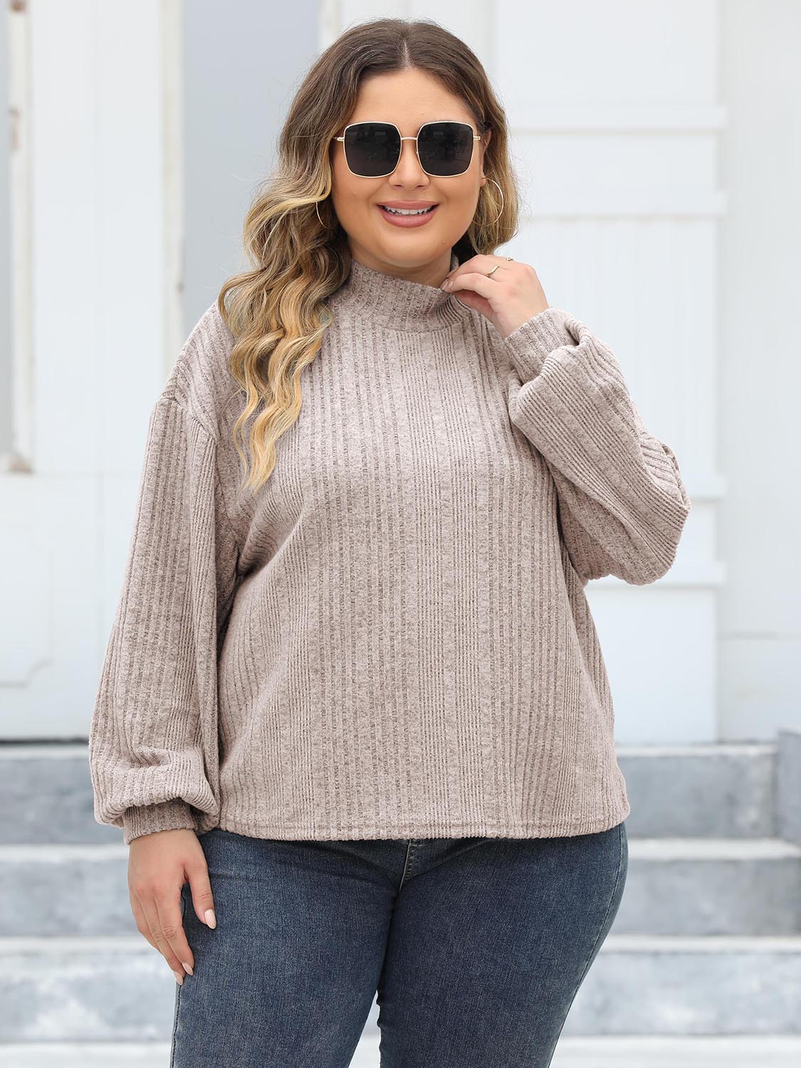 Plus Size Mock Neck Long Sleeve Knit Top-Jewearrings