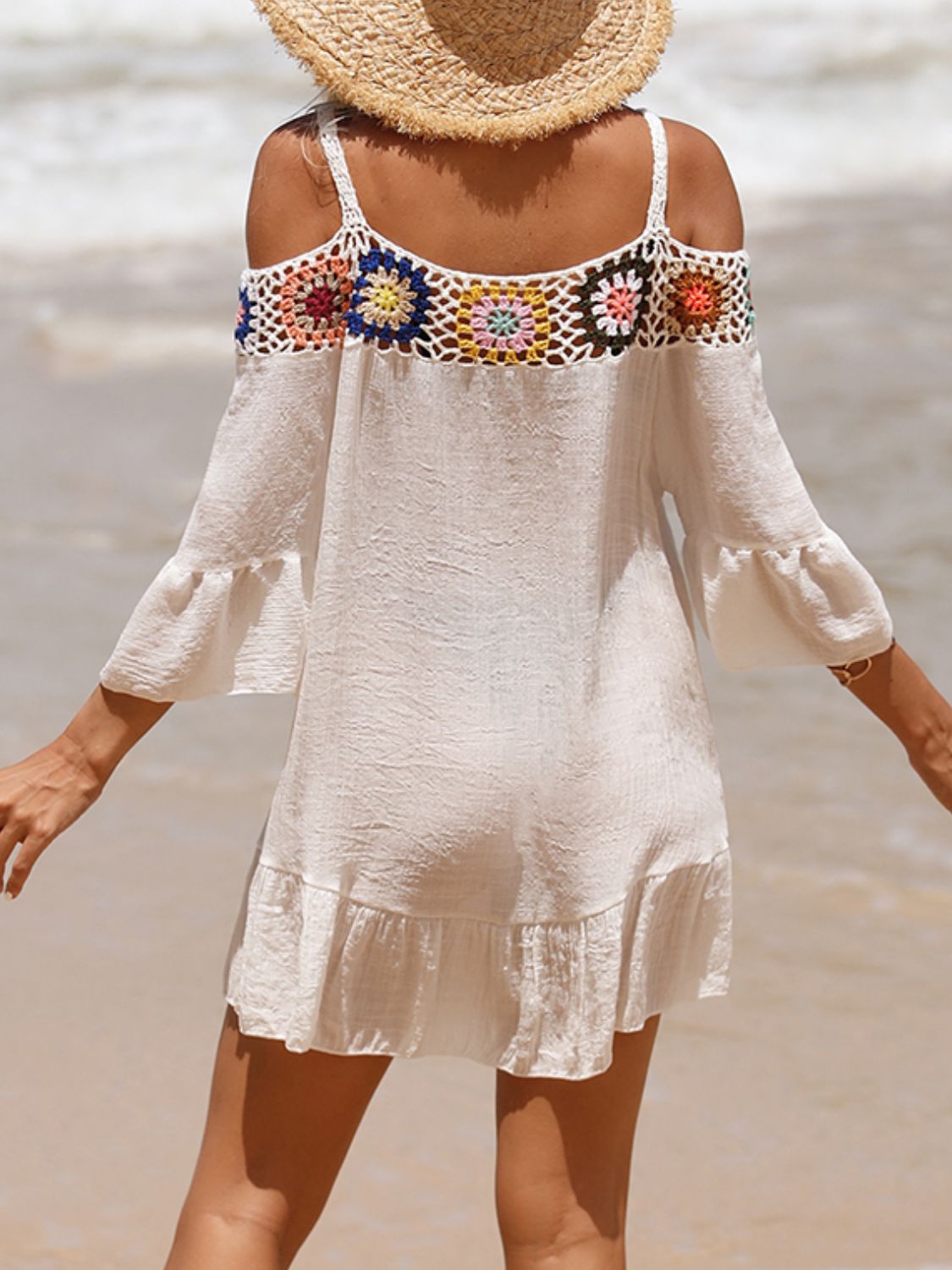 Crochet Cold Shoulder Three-Quarter Sleeve Cover Up-Jewearrings