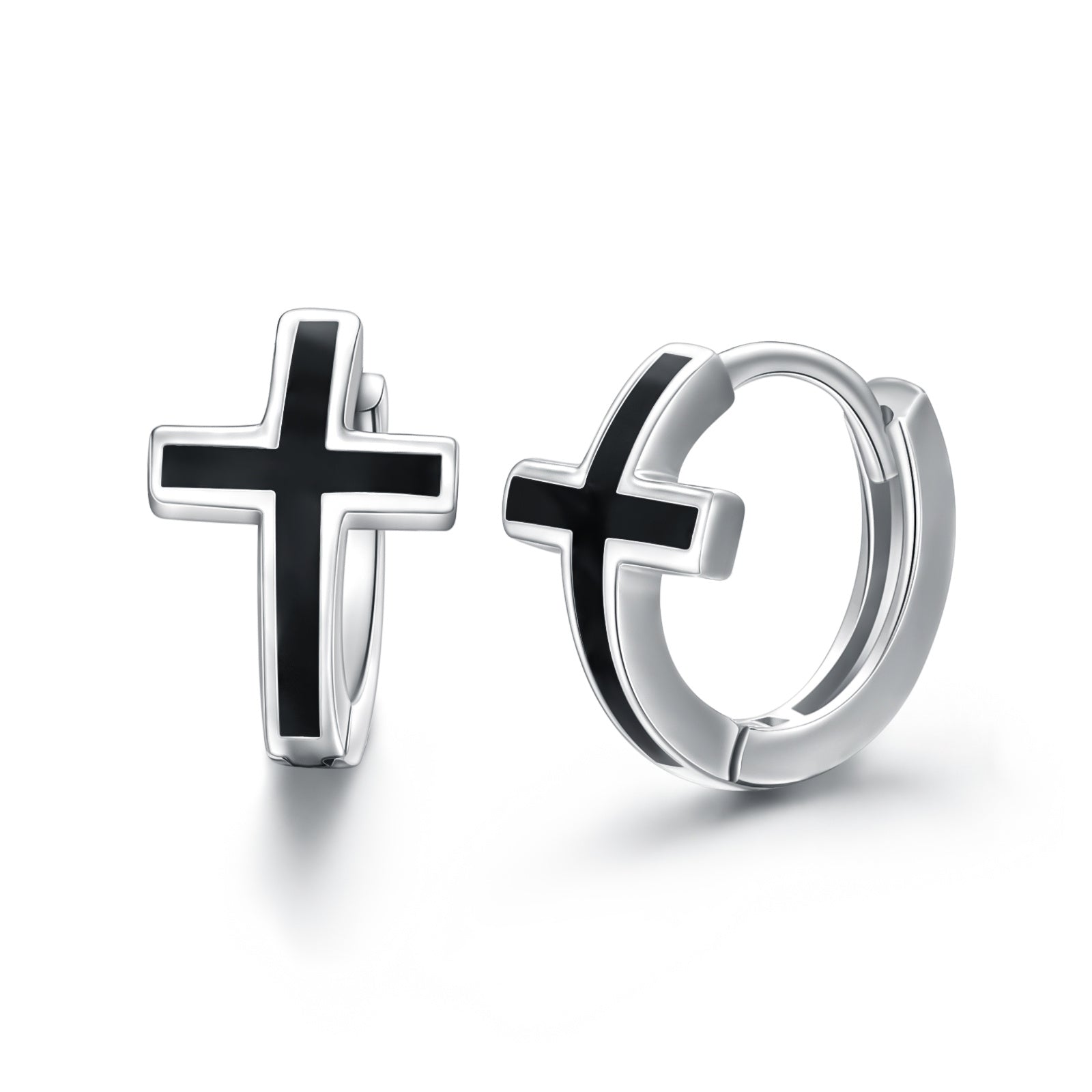 Black Cross Huggie Earrings in Sterling Silver Unisex Hoops-Jewearrings