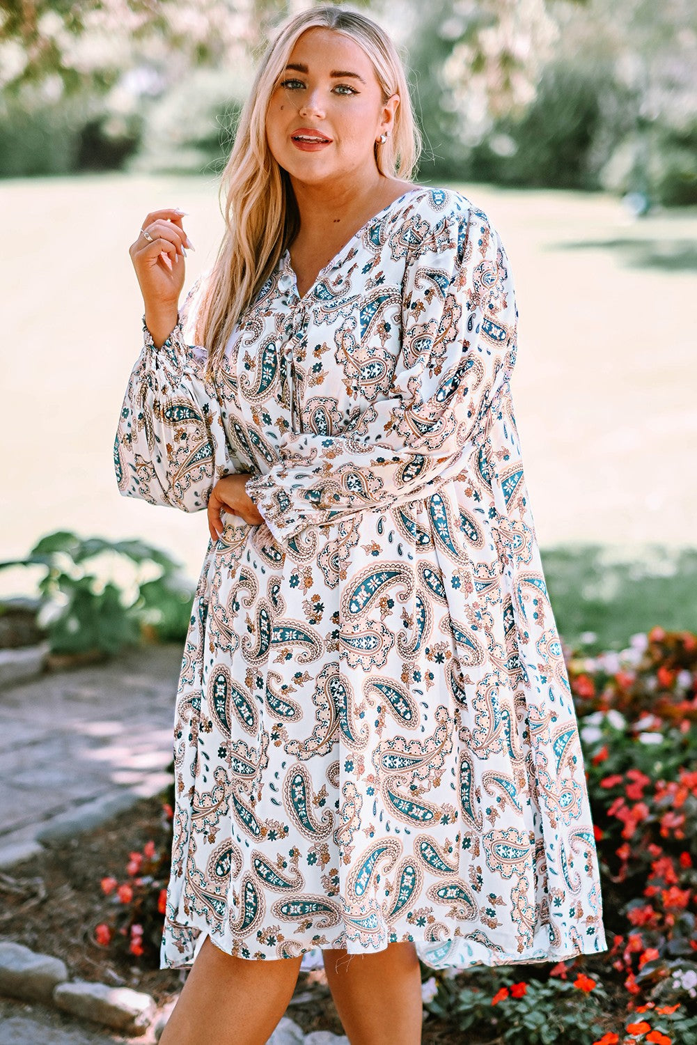 Plus Size Paisley Print Puff Sleeve Dress-Jewearrings